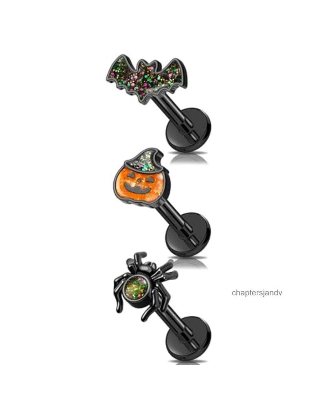 3PCS 16G Black Helix Earrings Stainless Steel Bat Pumpkin Spider Studs